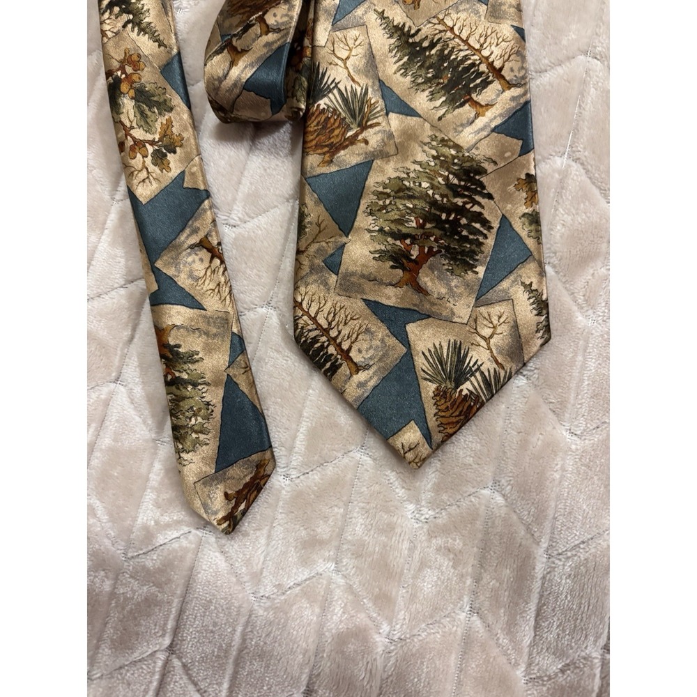VTG Oscar de la Renta COUTURE Silk Velour‎ Tie Evergreen Trees Oak Leaf Nature